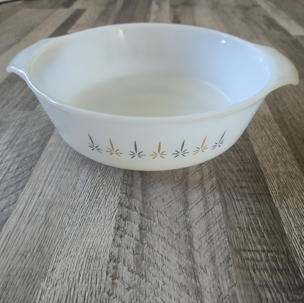 Fire King Candle Glow Casserole Bowl Anchor Hocking Blue Gold Atomic Starburst - Picture 2 of 7